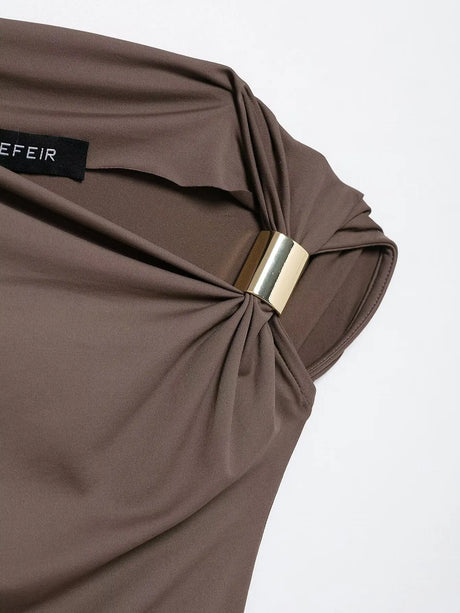 HH Vintage Women's Asymmetric Bustier Tops 2025 Female Sexy Skew Collar Off-shoulder Pleated Metal Decorate Shirt Streetwear