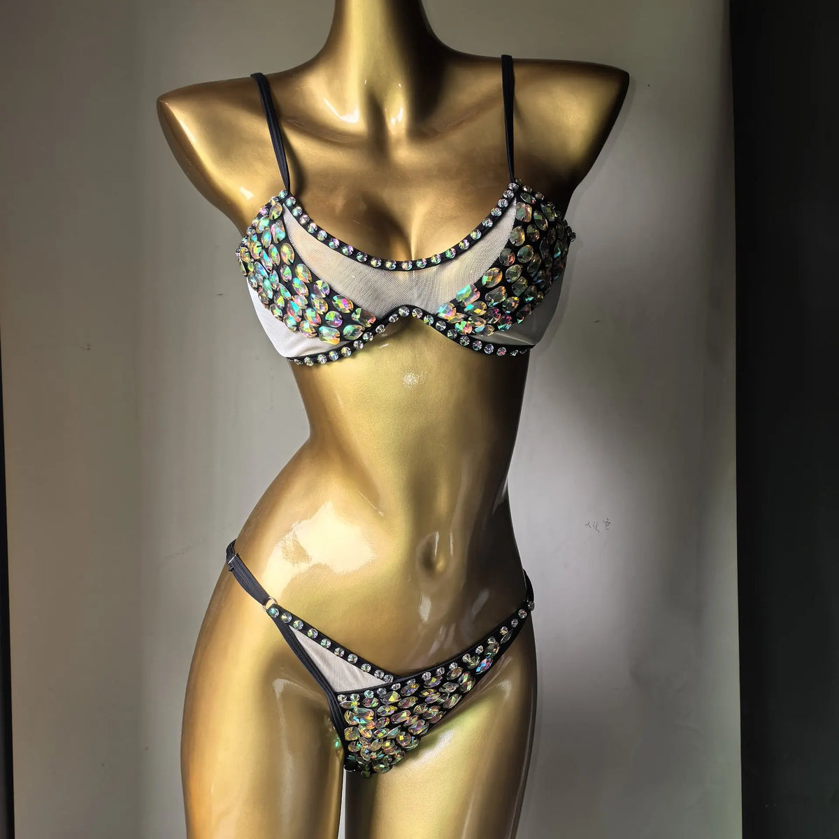 Rhinestone Beaded 2 Pcs Bikini Set Underwire Mesh Side Tie Bikini Women Luxury Crystal Sparkle Beach Festival Rave Bathing Suit