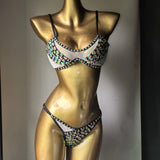 Rhinestone Beaded 2 Pcs Bikini Set Underwire Mesh Side Tie Bikini Women Luxury Crystal Sparkle Beach Festival Rave Bathing Suit