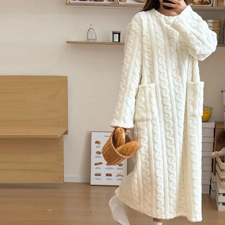 Winter Long Sleeve Double Pocket Flannel Nightgowns Women Loose Solid Sleepwear Jacquard Night Dress Thickened Warm Nightdress