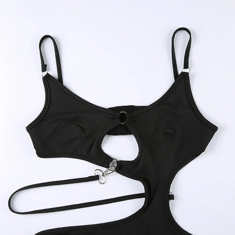 Women's Black Sleeveless V-Neck Spaghetti Strap Bodysuit Hollow out Rave Goth Outfit Back Hook Closure Punk Top