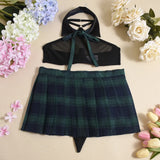 Ellolace Students Cosplay Lingerie Green Plaid Skirt Ultra Hot Halter Bra Transparent Necktie g-String Thongs Ensemble Lingeries