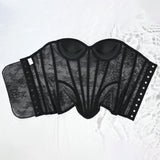 Women Mesh Corset Busiter Overbust Cups Push Breast Floral Lace Bodice Sext Tansparent Strapless Crop Tops Lace Up Steel Boned