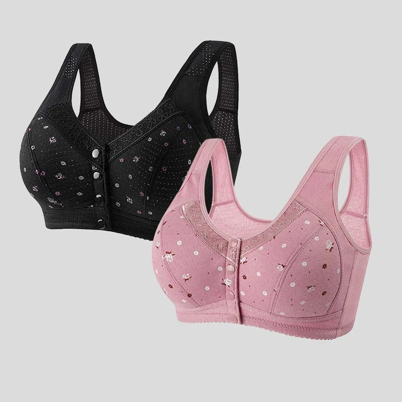 FallSweet Front Closure Cotton Bra for Women Plus Size Seamless Wireless Sports Bras Thin Underwear for Middle-Aged & Elderly