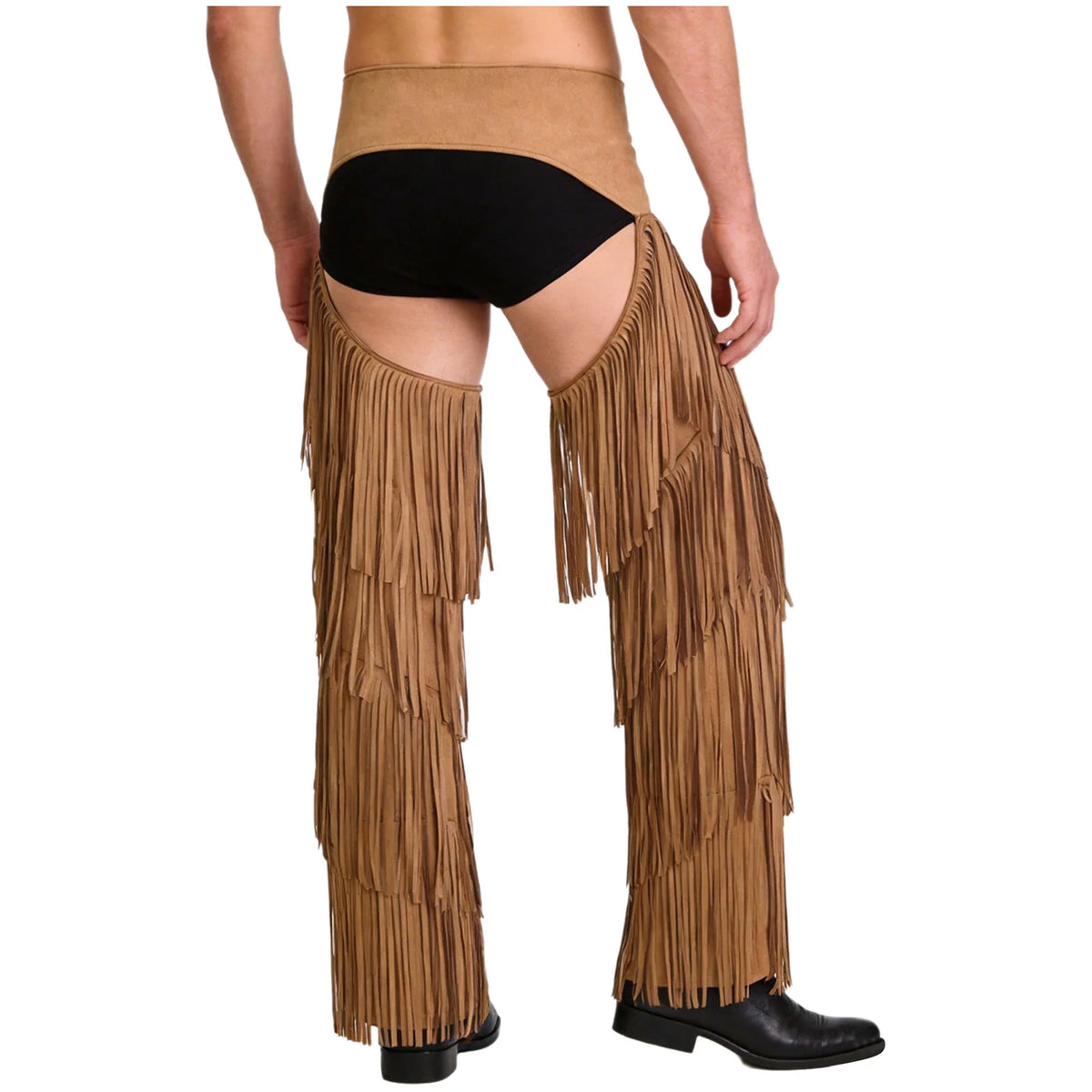 Mens Western Cowboy Chaps Fuax Suede Tassel Hollow Out Open Crotch Long Pants Adjustable Buckles Waist Motorcycle Biker Trousers