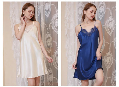 Women's Sleepwear Solid Short Satin Nightgown Mini Slip Chemise Nightwear Sexy Woman Nightie With Lace Trim