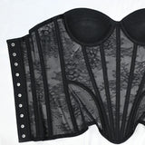 Women Mesh Corset Busiter Overbust Cups Push Breast Floral Lace Bodice Sext Tansparent Strapless Crop Tops Lace Up Steel Boned