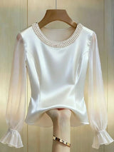 Pearl Beaded Round Neck Long Sleeve Blouse Satin Sheer Top For Women Elegant