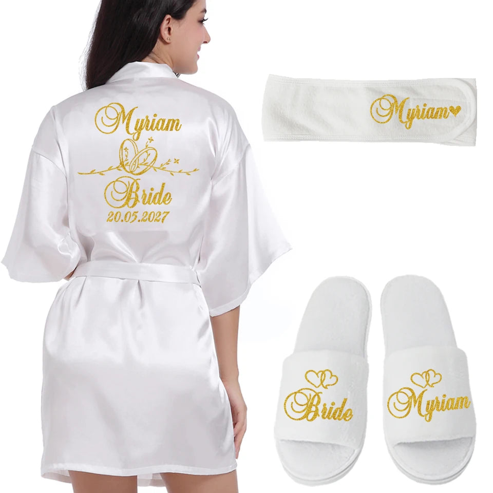 Customized Logo Wedding Date Name Bathrobe Faux Silk Bridal Robe Bride Bridesmaid Wedding Robes Woman Bachelorette Preparewear