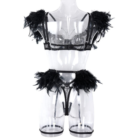 3-Piece Feather Decorated Lace Exotic Sets Women Sexy Patchwork Lingerie Set Chain Bra Panty Garter Underwear Kit For Female