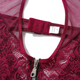 Sexy Zipper Front Lace Bodysuit High Cut Mesh Teddy Lingerie Women Halter Neck See Through Body Stocking Erotic Costume Purple