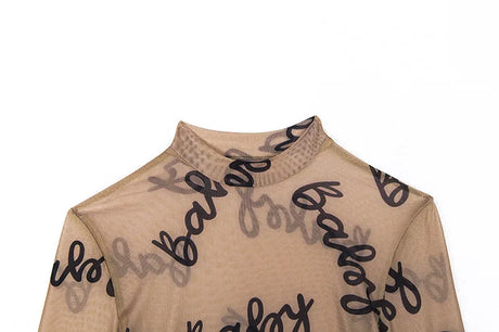 2025 Summer Sexy Letter Print Transparent Mesh Bodysuits Long Sleeve See Through Baby Bodycon Rompers Women Jumpsuits