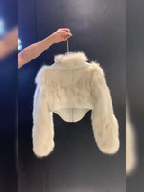 Cropped Faux Fur Coat Women Fashion Elegant Patchwork Fluffy Jacket Winter Ladies Korean Long Sleeve Furry Outerwears New