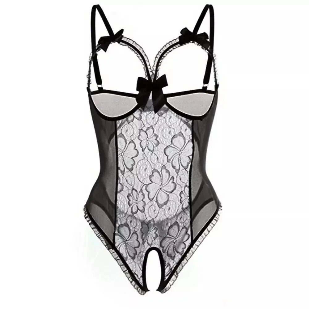 Women's Sexy Patchwork Lace Crotchless Bodysuit Deep V Neck Exotic Stripper Nighty Erotic Teddy Lingerie Underwear