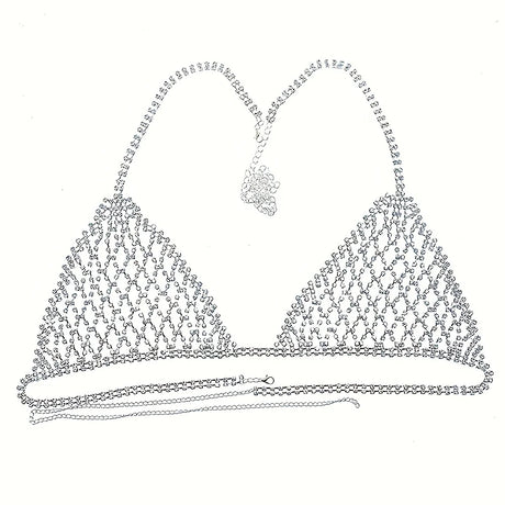 Women Bling Rhinestone Bikini Body Chain Set Sparkly Crystal Mesh Lingerie 2 Piece Halter Triangle Bra Panty Club Party Outfit