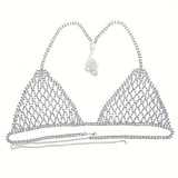 Women Bling Rhinestone Bikini Body Chain Set Sparkly Crystal Mesh Lingerie 2 Piece Halter Triangle Bra Panty Club Party Outfit