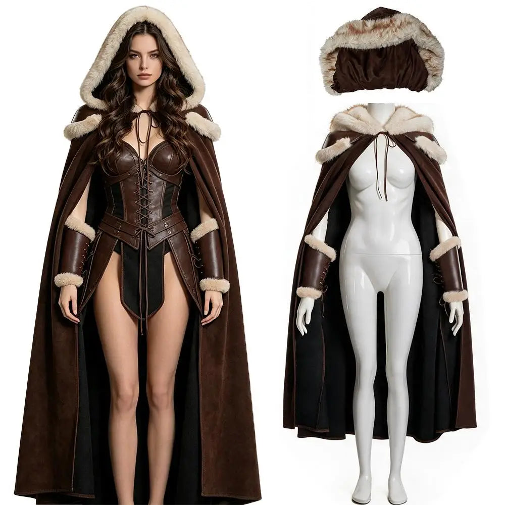 Women New Viking Barbarian Cape Goddess Warrior Plush Cape Retro Plush-Trimmed Hooded Cloak Set Medieval Retro Halloween Costume