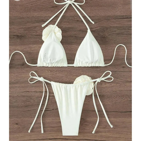 Sexy Flower Bandeau Swimwear Thong Bikini Women Lace-up Swimsuits Swimming Bathing Suit Brazilian Bikinis Set Mujer Biquini