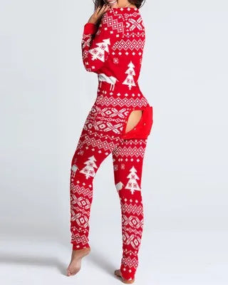 Sexy Pyjama Women's Long Sleeves Homewear Suit Button-Down Front Back Butt Bum Open Ass Flap Jumpsuit Loungewear Christmas Print