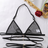 Seductive Women's Lingerie Set Tempted Multi Straps Bandage Bra Garter Belt Panty with Stockings See Through Mesh Underwear