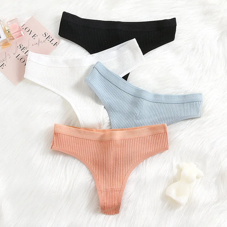 4Pcs Women's Panties Fashion Striped Thongs Soft Cotton Underwear Ladies Sexy Lingeries Sports Breathable G-Strings Cozy T-Back