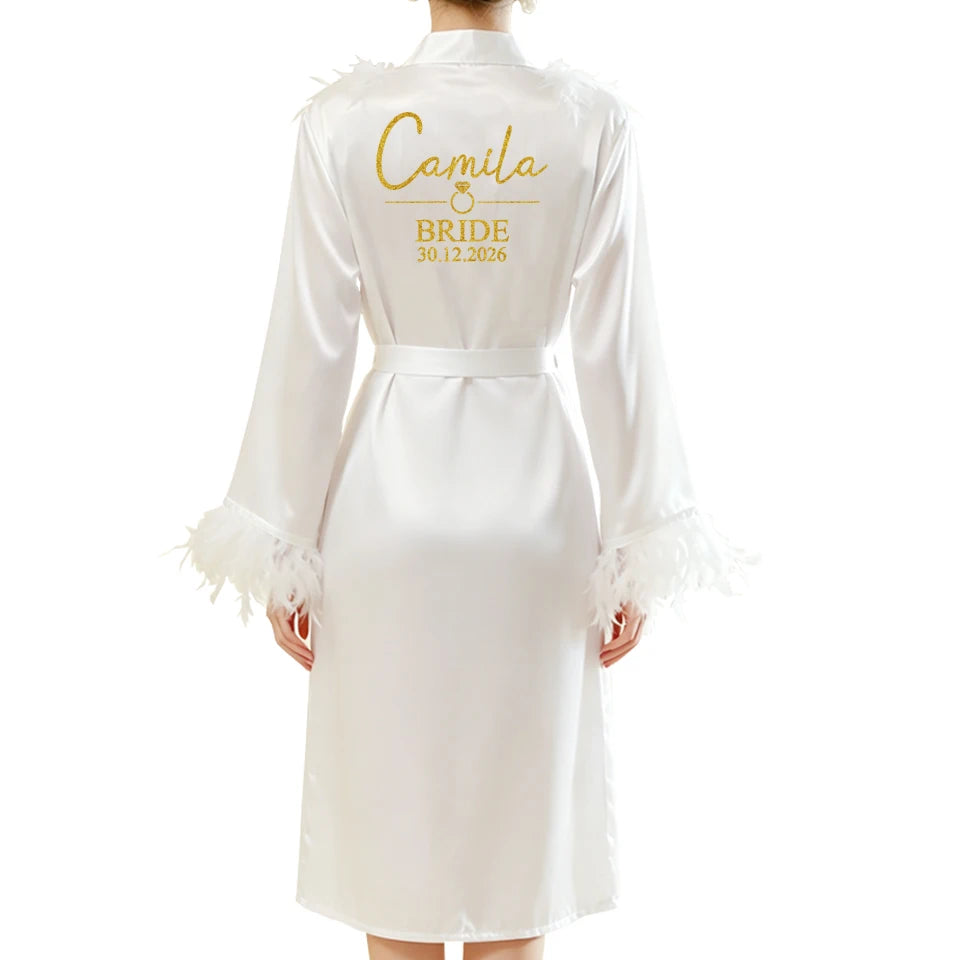 Personalized Name Date Wedding Feather Bride Robe Bridesmaid Bathrobe Nightwear Long Elegant Woman Gown Sexy Nightgown for Party