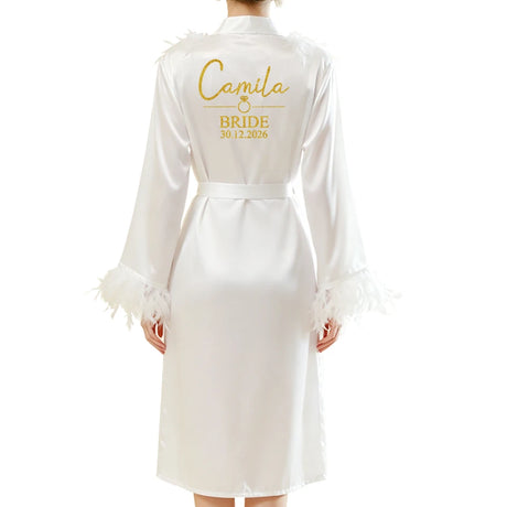 Personalized Name Date Wedding Feather Bride Robe Bridesmaid Bathrobe Nightwear Long Elegant Woman Gown Sexy Nightgown for Party