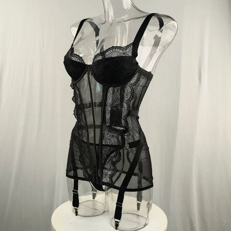 Women's Black Lace Teddy Bodysuit Underwire Corset Garter Straps Sheer Floral Embroidery Sexy Lingerie Party Fashion Outfit