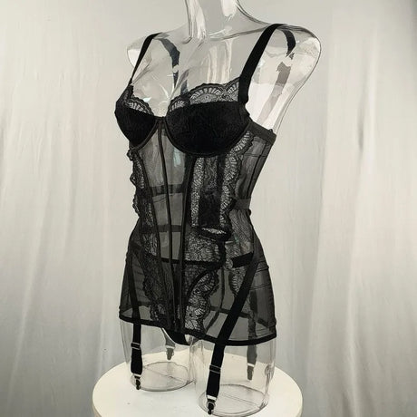 Women's Black Lace Teddy Bodysuit Underwire Corset Garter Straps Sheer Floral Embroidery Sexy Lingerie Party Fashion Outfit