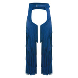 Mens Western Cowboy Chaps Fuax Suede Tassel Hollow Out Open Crotch Long Pants Adjustable Buckles Waist Motorcycle Biker Trousers