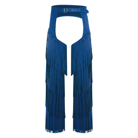 Mens Western Cowboy Chaps Fuax Suede Tassel Hollow Out Open Crotch Long Pants Adjustable Buckles Waist Motorcycle Biker Trousers