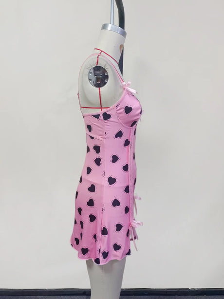 Pajamas Heart Print Lace Patchwork Camisole Dress Sexy Pure Desire Erotic Slim Fit Short Dress Bowknot Deep V Sleeveless Dress