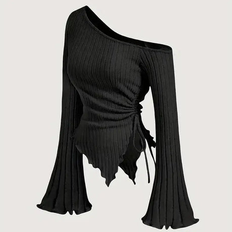 New Women'S Sexy Off Shoulder Cross Long Sleeved Slim T-Shirt Casual Street Style Asymmetrical Elegant T-Shirt Flare Sleeve Top