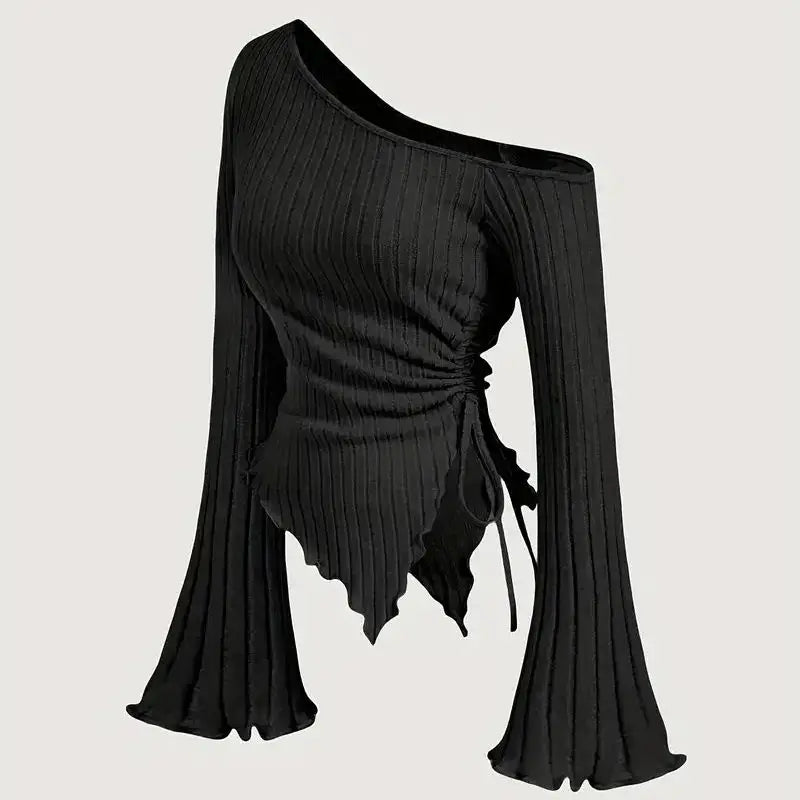 New Women'S Sexy Off Shoulder Cross Long Sleeved Slim T-Shirt Casual Street Style Asymmetrical Elegant T-Shirt Flare Sleeve Top