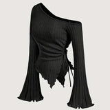 New Women'S Sexy Off Shoulder Cross Long Sleeved Slim T-Shirt Casual Street Style Asymmetrical Elegant T-Shirt Flare Sleeve Top