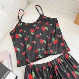 Women Casual Pajama Ladies Sexy Sleepwear Print Round Neck Ice Silk Top T-Shirt and Shorts Sets Breathable Comfortable Home Wear