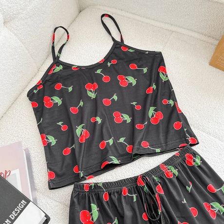 Women Casual Pajama Ladies Sexy Sleepwear Print Round Neck Ice Silk Top T-Shirt and Shorts Sets Breathable Comfortable Home Wear