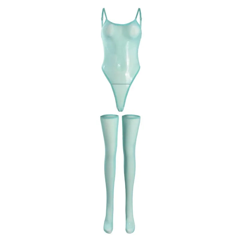 Toucheart Erotic Dress with Leg Socks Mesh See-through Patchwork Seductive Body Shaping Backless Women Intimate Hollow Dress Set