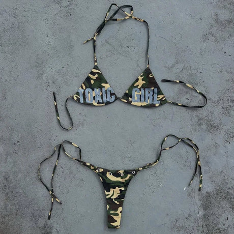 European American Cross Border 2026 Summer Camouflage Halter Letter Print Iron Ring Fashion Bikini Swimwear Set