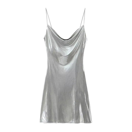 HH Women's Sexy Shinning Metallic Color Slip Mini Dress Woman Fashion Spaghetti Strap Pleated V-neck Slim Party Dresses