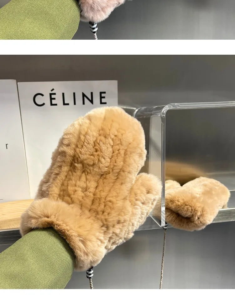 Hot Sale Women's 100% Natural Rabbit Fur Winter Gloves Warm Knit Thick Thermal Mittens Soft Real Fur Outdoor Cold Weather Glove
