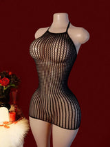 Women's Sexy Pink Mesh Underwear High Elasticity Fishnet Hollow Out Three Piece Open Crotch Babydoll Set Exotic Lingerie