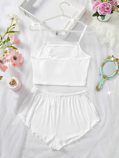 Women’s 2 Piece Solid Color Pajama Set, Square Neck Crop Cami Top and Ruffle Trim Split Shorts, Ribbed Sleepwear Loungewear