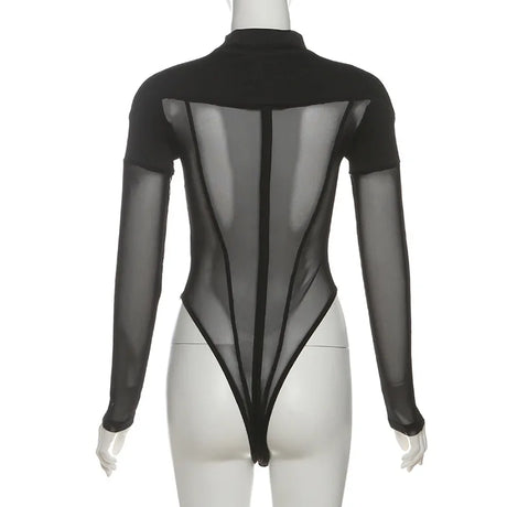Sexy See Through Bodysuit Women Dark Gothic Streetwear Emo Alternative Grunge Y2k Long Sleeve O-neck High Waist Jumpsuit
