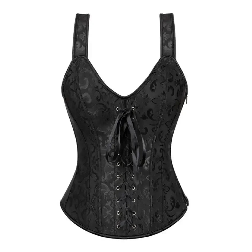 Gothic Corset Top With Straps Sexy Floral Zipper Brocade Overbust Lingerie Burlesque Body Shaper Lace Up Bustier Plus Size