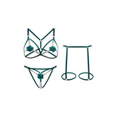 5 Colors Women Black Lace Lingerie Set Strappy Bra Panty Garter Belt Pearl Chain Rose Applique Adjustable Harness Nightwear