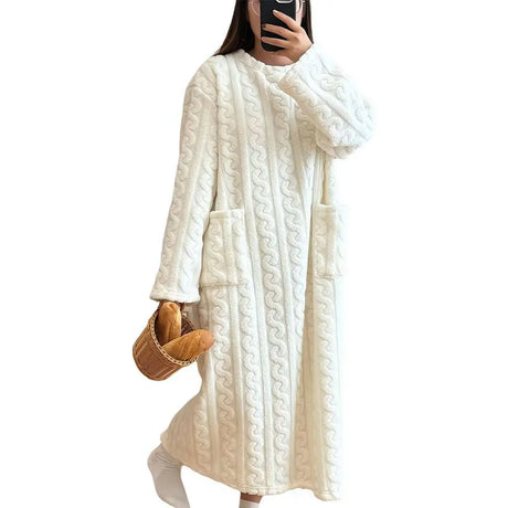 Winter Long Sleeve Double Pocket Flannel Nightgowns Women Loose Solid Sleepwear Jacquard Night Dress Thickened Warm Nightdress
