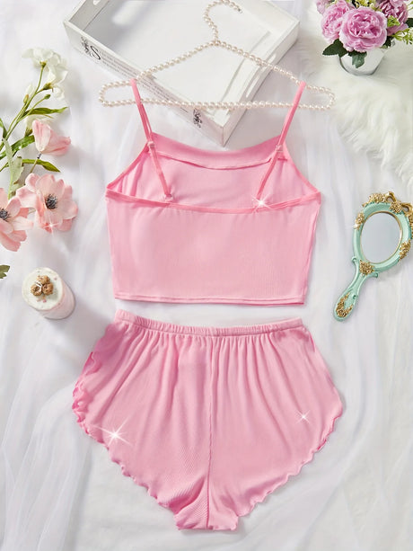 Women’s 2 Piece Solid Color Pajama Set, Square Neck Crop Cami Top and Ruffle Trim Split Shorts, Ribbed Sleepwear Loungewear