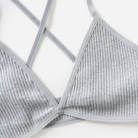 2Pcs/Set Ribbed Cross Back Triangle Bralette Set Women Spaghetti Strap Breathable Daily Bra Wireless Casual Daily Lingerie S-L