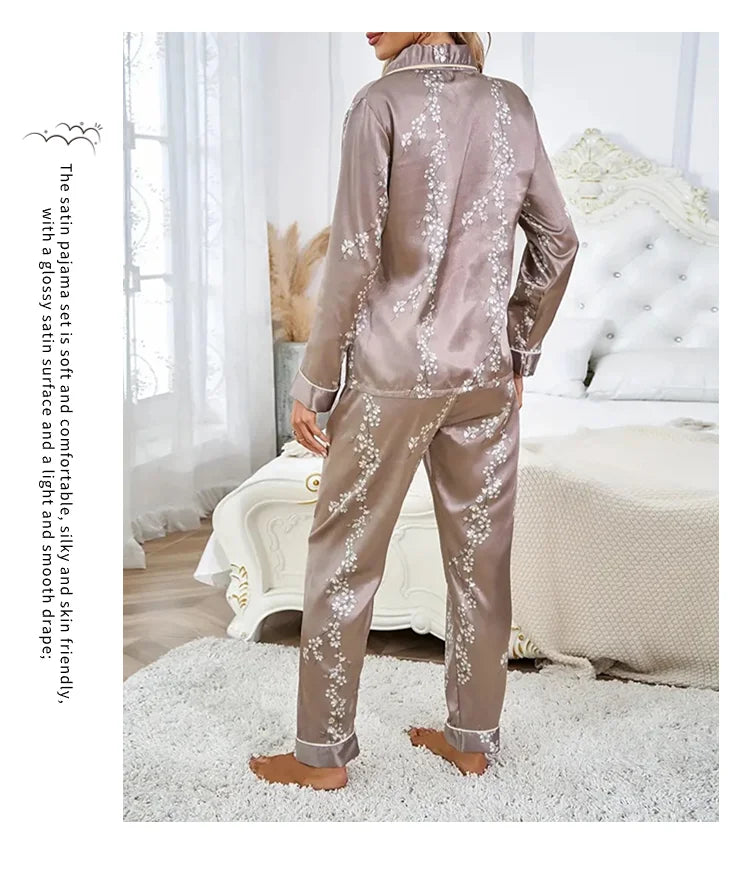 Women Satin Pajama Casual Sleepwear Home Clothes Suit Autumn Long Sleeve Button Up Top & Pants Nightwear Loungewear Pyjama Femme